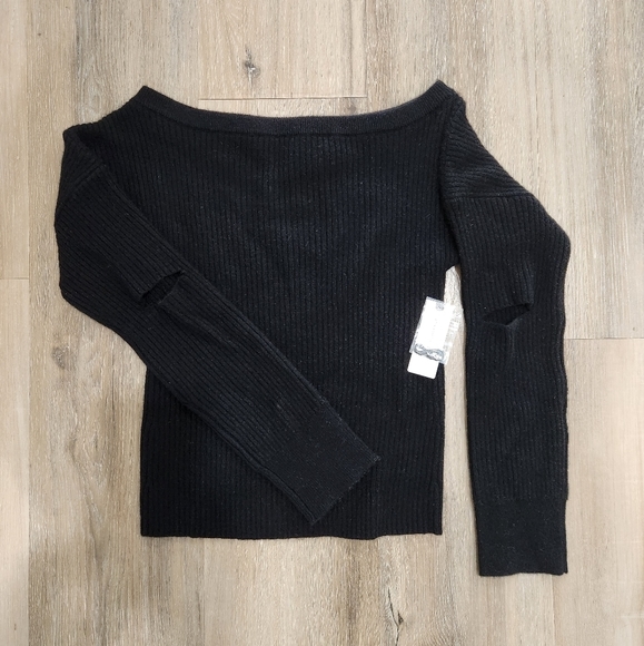 Anthropologie Sweaters - Wide Neck Ribbed Black Cashmere Crop Sweater, Size M, Anthropologie